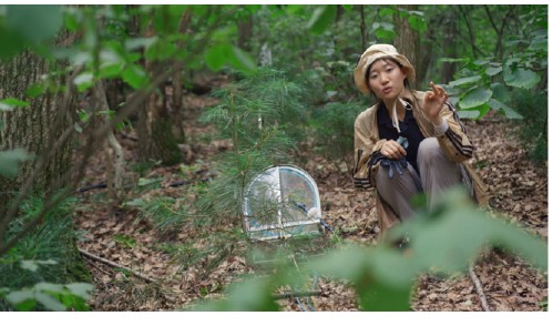 A field researcher at work in a forest.
